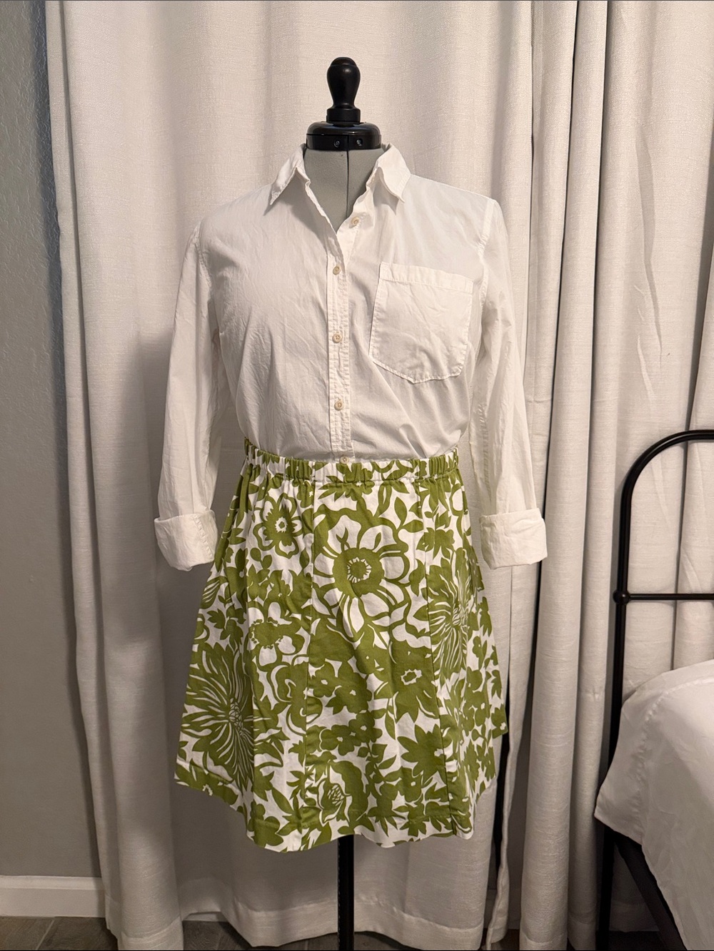 Green and White Floral A-Line Skirt Y2K